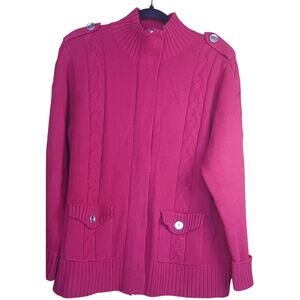 Denim & Co. Womens Red Cable Knit Cardigan Zip Front & Snap With Pockets Size 1X